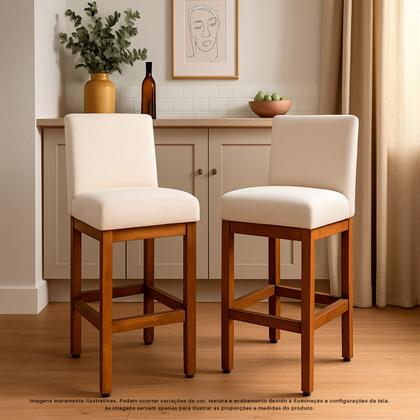 Imagem de Kit 3 Banquetas 63cm baixa Para Cozinha De Madeira Maciça Estofada Com Encosto Para Bancada Americana E Área Gourmet