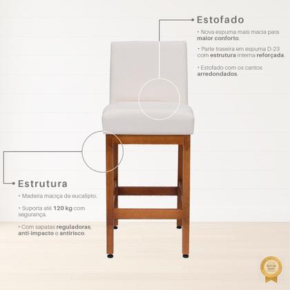 Imagem de Kit 3 Banquetas 63cm baixa Para Cozinha De Madeira Maciça Estofada Com Encosto Para Bancada Americana E Área Gourmet