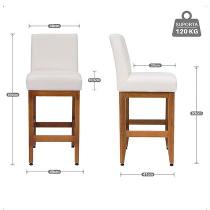 Imagem de Kit 3 Banquetas 63cm baixa Para Cozinha De Madeira Maciça Estofada Com Encosto Para Bancada Americana E Área Gourmet
