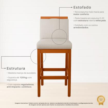 Imagem de Kit 3 Banquetas Alta 70cm Rubi Estofada Tecido Linho Base Madeira Maciça Canela Bancada Cozinha Gourmet Bistrô