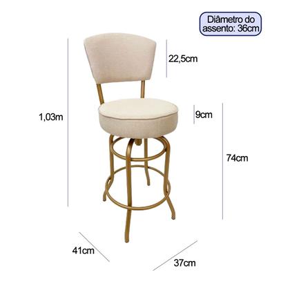 Imagem de Kit 3 Banquetas Alta Bar Giratória com Encosto cor Dourado fosco Assento cor linho bege grosso Confortável