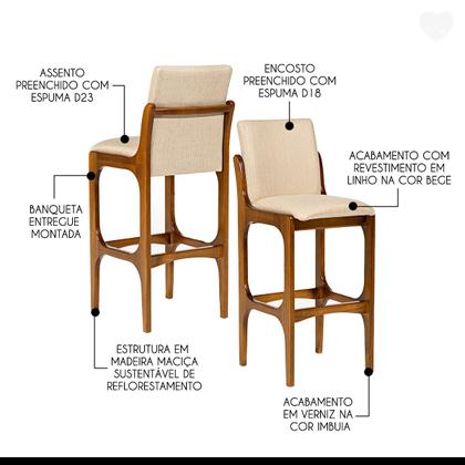 Imagem de Kit 3 Banquetas Alta com Encosto Lisboa Madeira Imbuia Linho Bege M58 RMI
