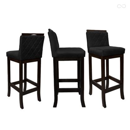 Imagem de Kit 3 Banquetas Alta com Encosto Matelassê Nice Madeira Maciça Suede Preto CCS