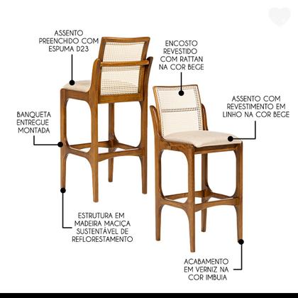 Imagem de Kit 3 Banquetas Alta com Encosto Rattan Lisboa Madeira Imbuia Linho Bege M58 RMI
