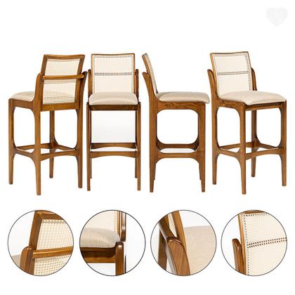 Imagem de Kit 3 Banquetas Alta com Encosto Rattan Lisboa Madeira Imbuia Linho Bege M58 RMI