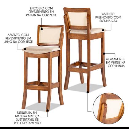 Imagem de Kit 3 Banquetas Alta em Madeira Imbuia Portugal Estofada Linho Bege M58 RMI