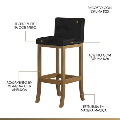 Imagem de Kit 3 Banquetas Alta Encosto Estofado 38x100 Cm Ilha Espanha Madeira Maciça Amêndoa Suede Preto CCS