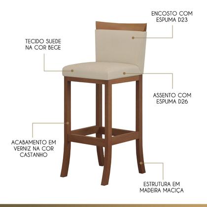 Imagem de Kit 3 Banquetas Alta Encosto Estofado 38x102 Cm Paris Madeira Maciça Castanho Suede Bege CCS