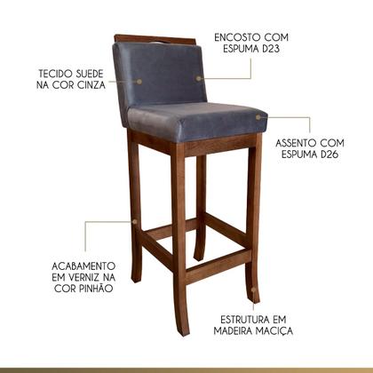 Imagem de Kit 3 Banquetas Alta Gourmet Estofada com Encosto 38 x 102 Cm Turim Madeira Maciça Suede Cinza CCS