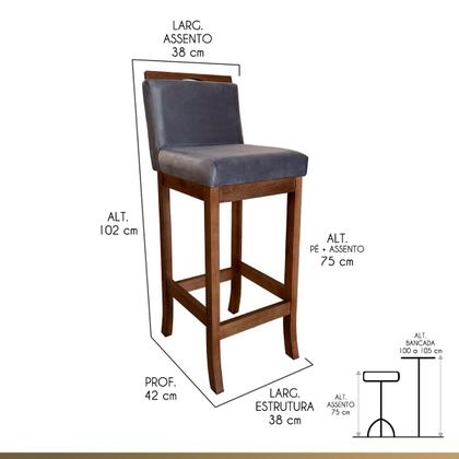 Imagem de Kit 3 Banquetas Alta Gourmet Estofada com Encosto 38 x 102 Cm Turim Madeira Maciça Suede Cinza CCS