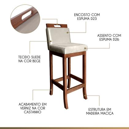Imagem de Kit 3 Banquetas Alta Milão para Cozinha 104 Cm Madeira Maciça Suede Bege CCS