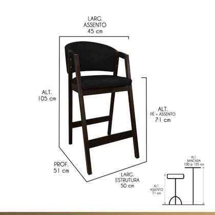 Imagem de Kit 3 Banquetas Alta para Bancada de Cozinha Ravena Madeira Maciça Capuccino Sintético Preto CCS