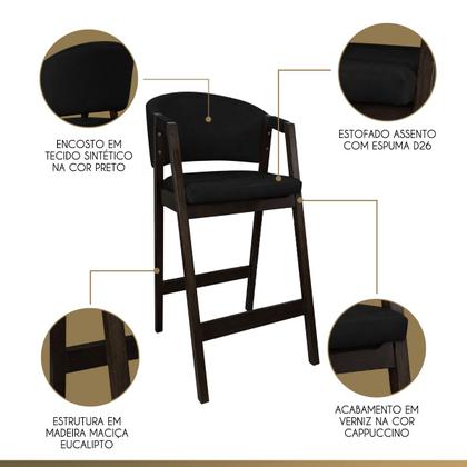 Imagem de Kit 3 Banquetas Alta para Bancada de Cozinha Ravena Madeira Maciça Capuccino Sintético Preto CCS