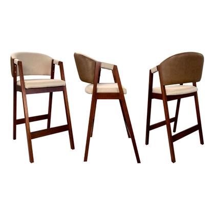 Imagem de Kit 3 Banquetas Alta para Bancada de Cozinha Ravena Madeira Maciça Castanho Linho Marrom Bege CCS