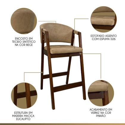 Imagem de Kit 3 Banquetas Alta para Bancada de Cozinha Ravena Madeira Maciça Pinhão Sintético Bege CCS