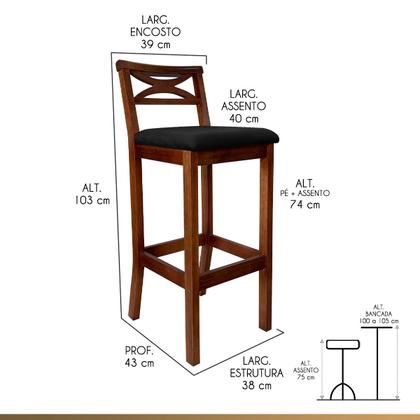 Imagem de Kit 3 Banquetas Alta X Estofada 38x103Cm Ilha Encosto Madri Madeira Maciça Pinhão Suede Preto CCS