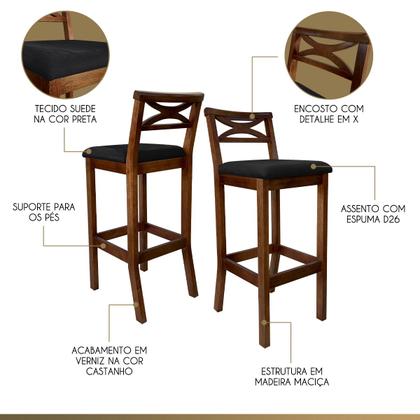 Imagem de Kit 3 Banquetas Alta X Estofada 38x103Cm Ilha Encosto Madri Madeira Maciça Pinhão Suede Preto CCS