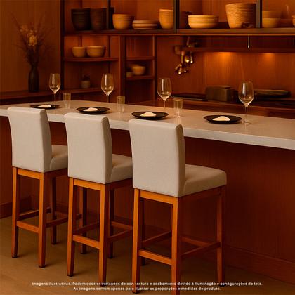 Imagem de Kit 3 Banquetas Altas Jade Estofada Encosto Tecido Linho Madeira Maciça Eucalipto para Cozinha Bistrô Bancada Gourmet Americana
