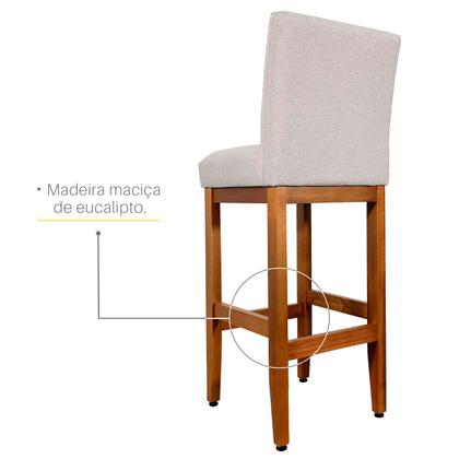 Imagem de Kit 3 Banquetas Altas Jade Estofada Encosto Tecido Linho Madeira Maciça Eucalipto para Cozinha Bistrô Bancada Gourmet Americana