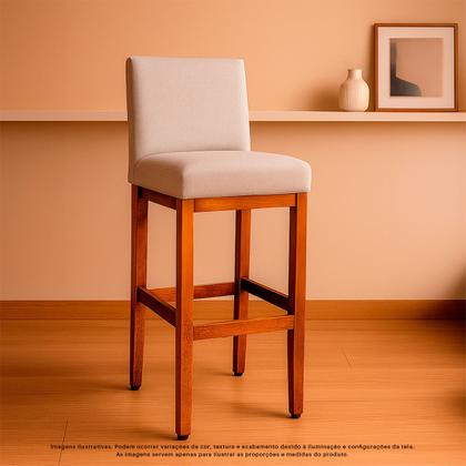 Imagem de Kit 3 Banquetas Altas Jade Estofada Encosto Tecido Linho Madeira Maciça Eucalipto para Cozinha Bistrô Bancada Gourmet Americana