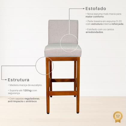 Imagem de Kit 3 Banquetas Altas Jade Estofada Encosto Tecido Linho Madeira Maciça Eucalipto para Cozinha Bistrô Bancada Gourmet Americana