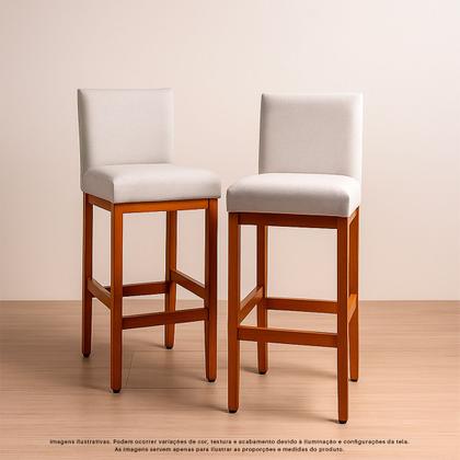 Imagem de Kit 3 Banquetas Altas Jade Estofada Encosto Tecido Linho Madeira Maciça Eucalipto para Cozinha Bistrô Bancada Gourmet Americana