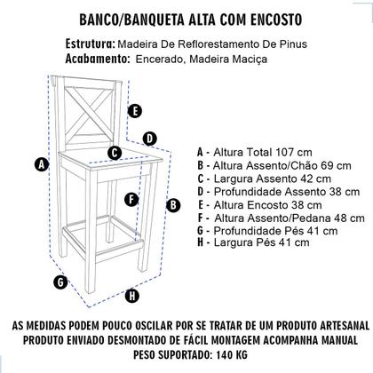 Imagem de Kit 3 Banquetas Altas Madeira com Encosto Resistente Conforto Cor Imbuia Balcão Bar Ilha Cozinha Gourmet