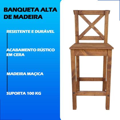 Imagem de Kit 3 Banquetas Altas Madeira com Encosto Resistente Conforto Cor Imbuia Balcão Bar Ilha Cozinha Gourmet