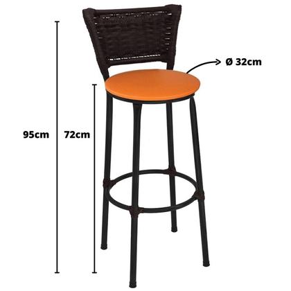 Imagem de Kit 3 Banquetas Altas Preta com Encosto Junco Argila Assento Laranja