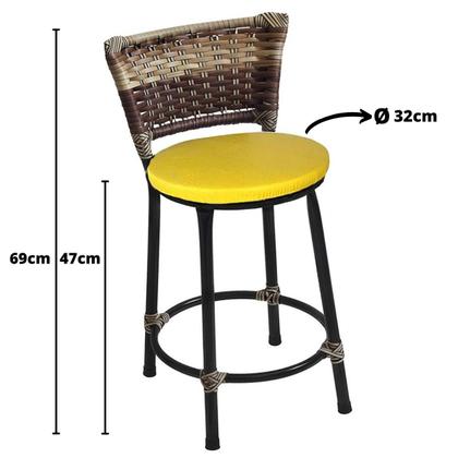Imagem de Kit 3 Banquetas Baixas Preta com Encosto Junco Capuccino Assento Amarelo