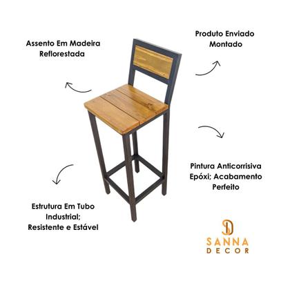 Imagem de Kit 3 Banquetas Bancos Alta Para Bancada De Cozinha - Aço e Madeira
