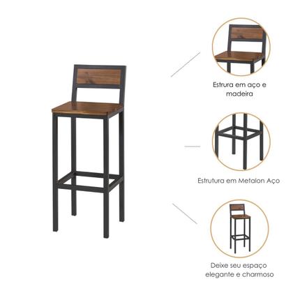 Imagem de Kit 3 Banquetas Bancos Alta Para Bancada De Cozinha - Aço e Madeira