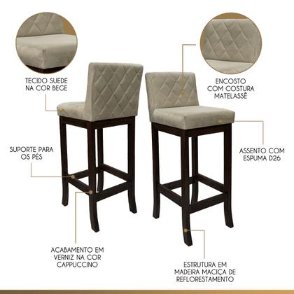 Imagem de Kit 3 Banquetas Média com Encosto Matelassê Tóquio Madeira Maciça Maciça Suede Bege CCS