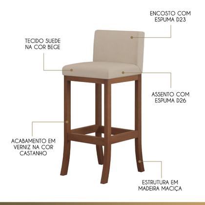 Imagem de Kit 3 Banquetas Média Encosto Estofado 38x90Cm Ilha Espanha Madeira Maciça Castanho Suede Bege CCS