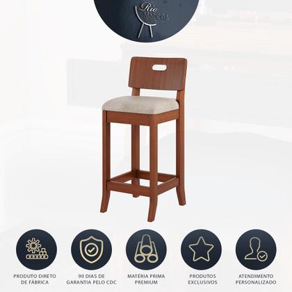 Imagem de Kit 3 Banquetas Média Estofada Encosto Dubai 36x90Cm Madeira Maciça Linho Bege M58