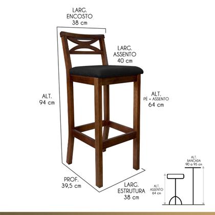 Imagem de Kit 3 Banquetas Média Estofada para Bancada Madri Madeira Castanho Suede Preto CCS