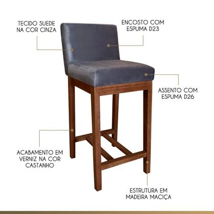 Imagem de Kit 3 Banquetas Média Estofadas Lisboa 90 Cm Madeira Maciça Suede Cinza CCS