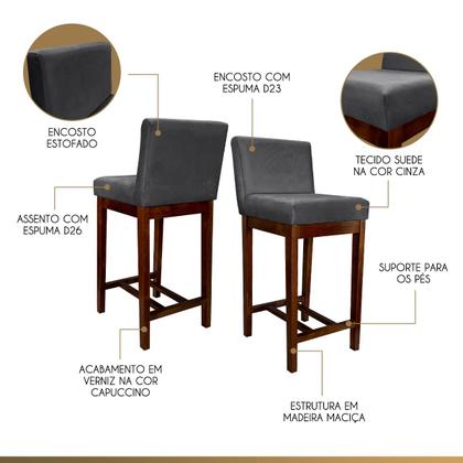 Imagem de Kit 3 Banquetas Média Estofadas Lisboa Madeira Capuccino Suede Cinza CCS