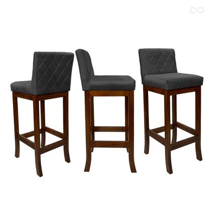 Imagem de Kit 3 Banquetas Média para Balcão de Cozinha Tóquio Madeira Maciça Matelassê Suede Cinza CCS