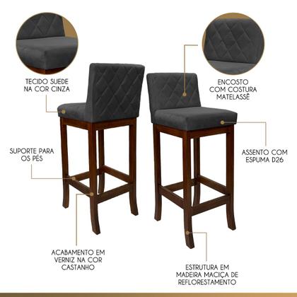 Imagem de Kit 3 Banquetas Média para Balcão de Cozinha Tóquio Madeira Maciça Matelassê Suede Cinza CCS
