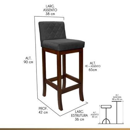 Imagem de Kit 3 Banquetas Média para Balcão de Cozinha Tóquio Madeira Maciça Matelassê Suede Cinza CCS
