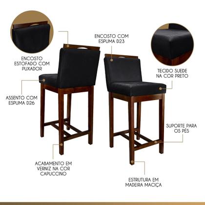 Imagem de Kit 3 Banquetas Média para CozinhaLíbia Madeira Capuccino Suede Preto CCS