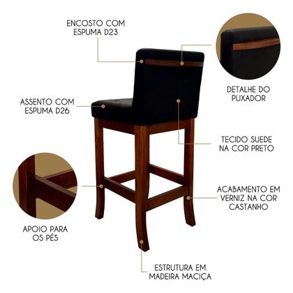 Imagem de Kit 3 Banquetas para Bancada Alta em Madeira Castanho Melody Suede Preto