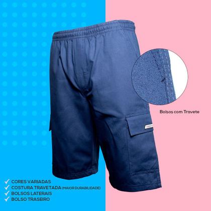 Imagem de Kit 3 Bermudas Calção Brim Sarja Elástico Cordão Cargo 5 Bolsos Masculino Algodão Mecânico Uniforme