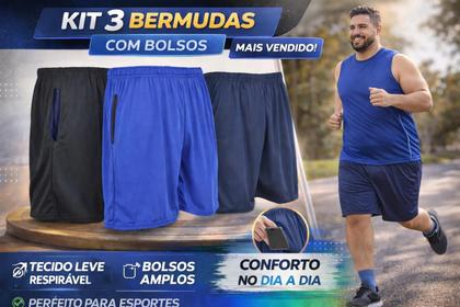 Imagem de Kit 3 bermudas masculina esportiva academia futebol P ao G3 Plus Size