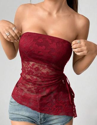 Imagem de Kit 3 Blusa Blusinha Feminina sem alça Assimétrica Renda Floral Verão