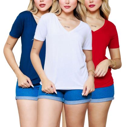 Imagem de Kit 3 Blusa Camiseta Básica Feminina Manga Curta