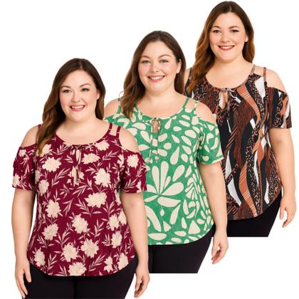 Imagem de Kit 3 Blusa Feminina Ombro Vazado Manga Babado Malha Fria Plus Verão