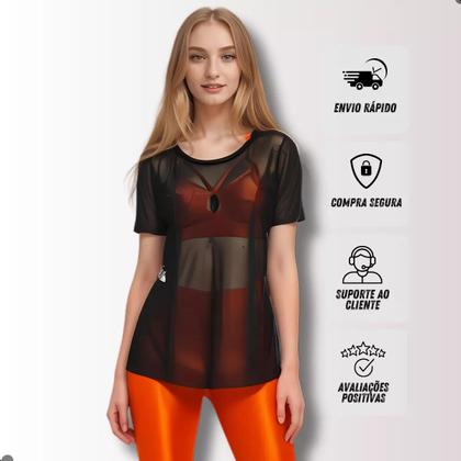 Imagem de Kit 3 Blusa Tule Feminina Academia Transparente Tshirt Lisa