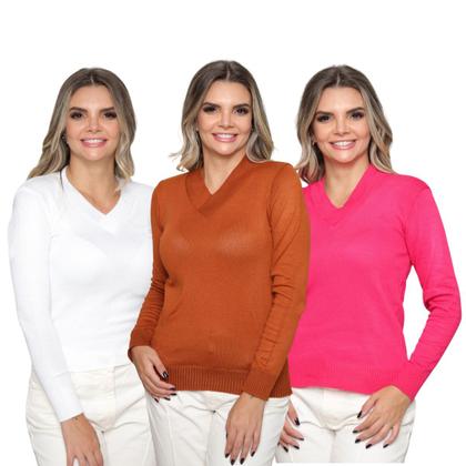 Imagem de Kit 3 Blusas Feminina Gola V Tricô Macio Sueter Manga Longa Inverno Casual 